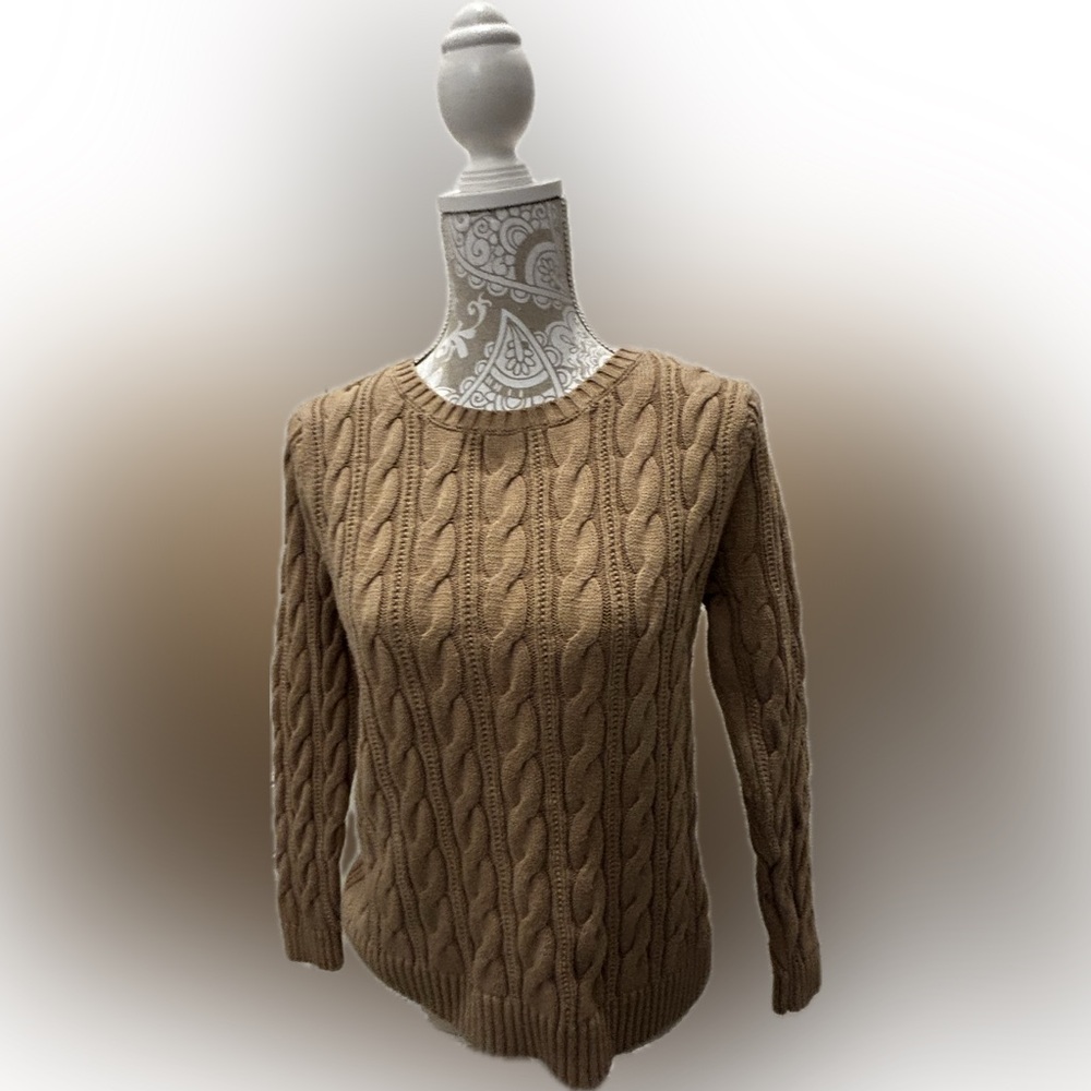 Lands' End Tan Women's Drifter Classic Cable Crew Neck Sweater MP